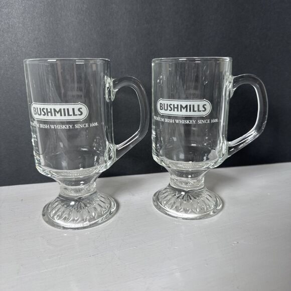 2 Old Bushmills Irish Whiskey Irish Coffee glass Mug Cups With Pedestal Etched - Picture 1 of 7